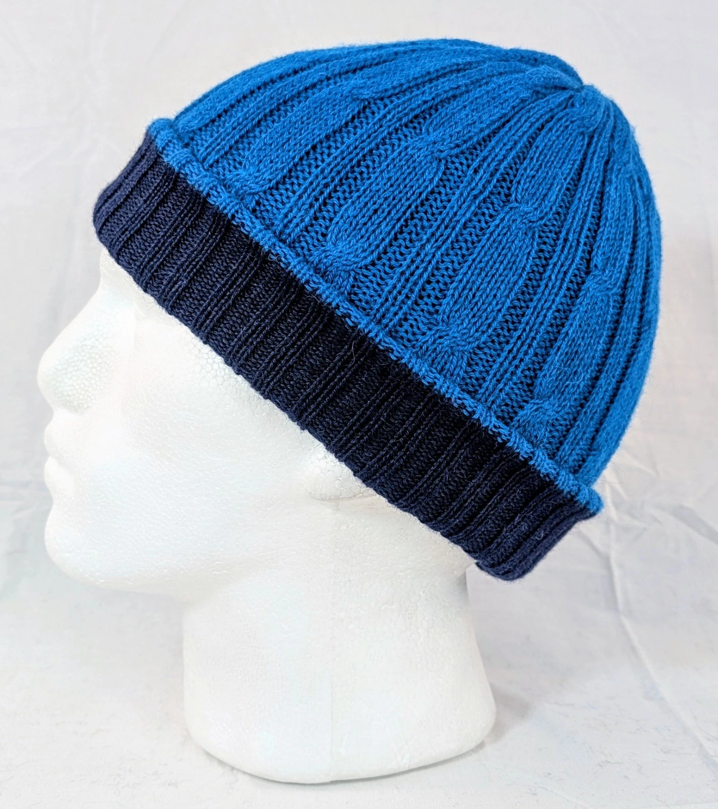 Extra Soft Baby Alpaca Reversible Cable Knit Beanie Blue Dark Blue Handmade
