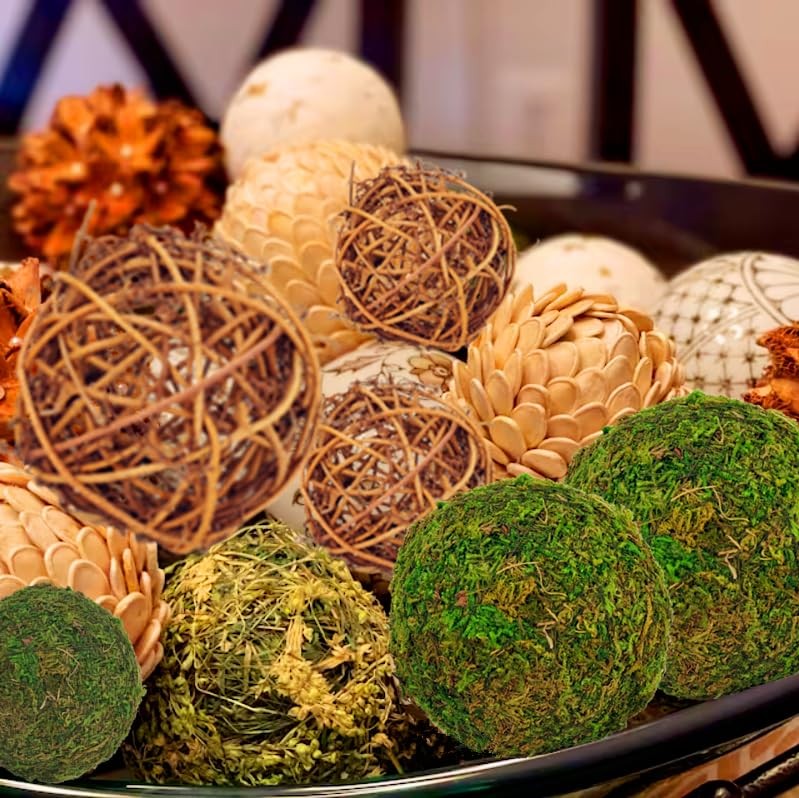 Decorative Balls for Centerpiece Bowls, 18pcs Fake Moss Balls + Wicker Rattan...
