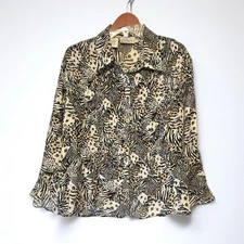 Kathy Che Womens Black Brown Long Sleeve Animal Print Shirt Top Size 16 See Pics