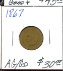 INDIAN HEAD CENT 1867 in AG/Good condition