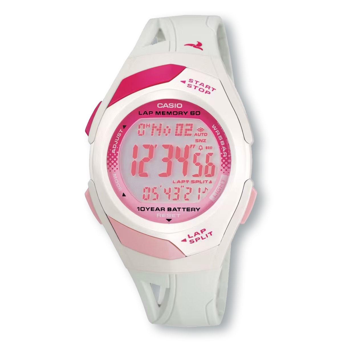 CASIO STR300-7C 60-Lap Digital Running Watch, White & Pink