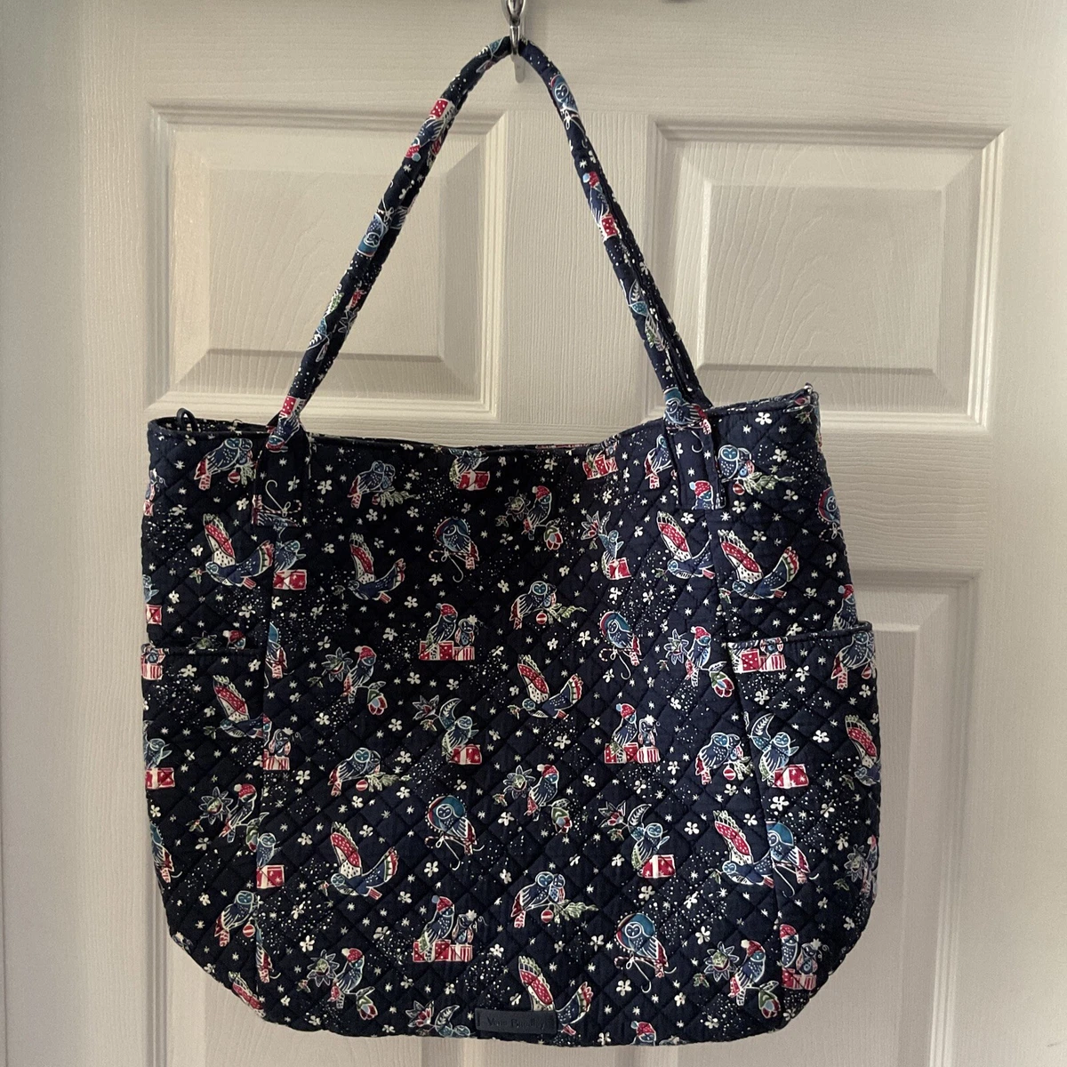 Vera Bradley Navy Blue Owls Holiday Tote Bag Zipper Outside