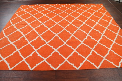 Trellis ORANGE/ IVORY Durrie-Kilim Oriental Area Rug Flat-Weave Wool Carpet 8x10 - Picture 7 of 12