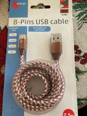 Sologic iPhone Ipad MINI & PRO IPOD 8 PIN Cloth Cable USB Charging Cord 2.5M G/W