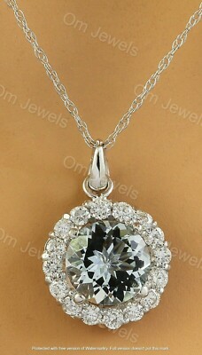 2Ct Round Cut Aquamarine Diamond Halo Pendant 14K White Gold Finish 18'' Chain