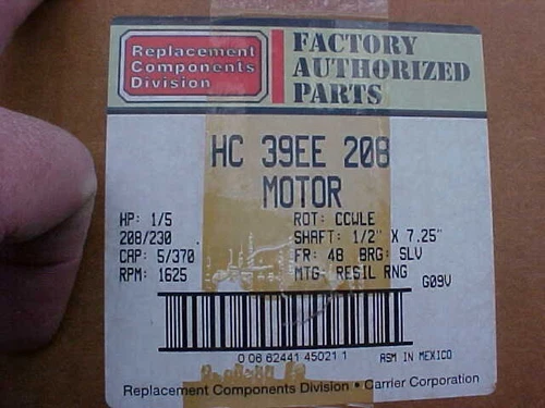 Carrier HC39EE208 Blower Motor. New In Box, Dual 1/2 Inch X 7 & 1/4 Inch Shafts
