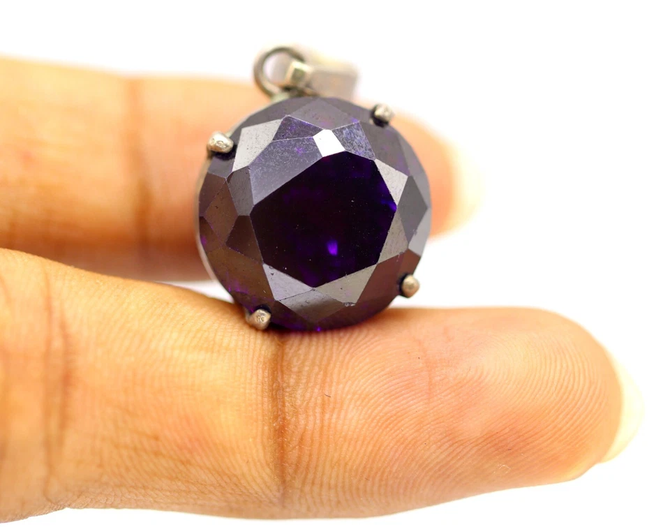 13.40 Grammi Pendente Argento Viola Scuro Lab-Created Ametista Rotondo Gemma - Immagine 4 di 4