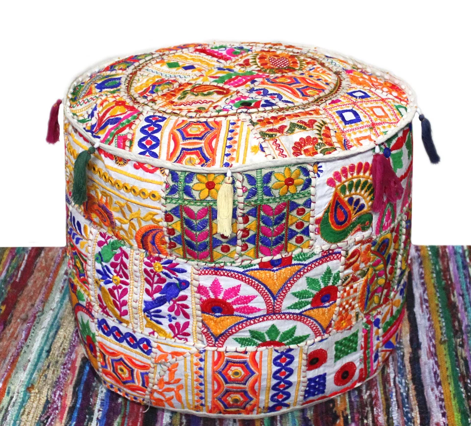 New Vintage Ottoman Pouf Cover Indian Patchwork Handmade Pouffe Decorative Round - Image 3 of 4