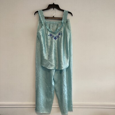 Private Luxuries Women's Pajama Set Solid Mint Blu Size L Satiny Soft Sleeveless