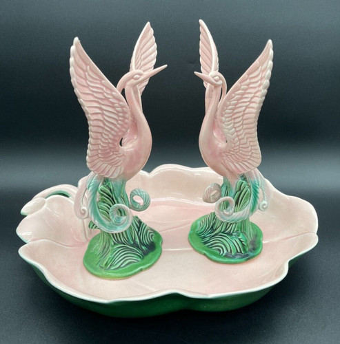 VTG 1950s Pond w. Pink CRANES (set of 3) Flamingos Art Deco Cemar Clay Products