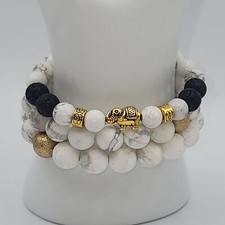 Boho Bracelet Faux Howlite Elephant Goldtone Accent Stretch Beads