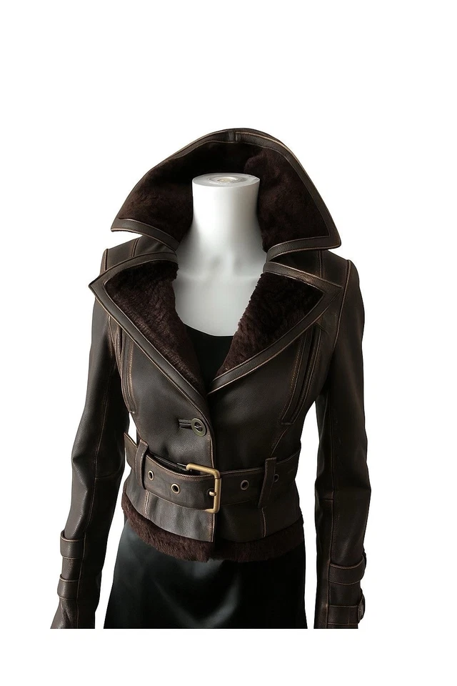 Jaqueta de motocicleta feminina BEBE couro marrom colarinho fivela | Tamanho grande - Imagem 2 de 3