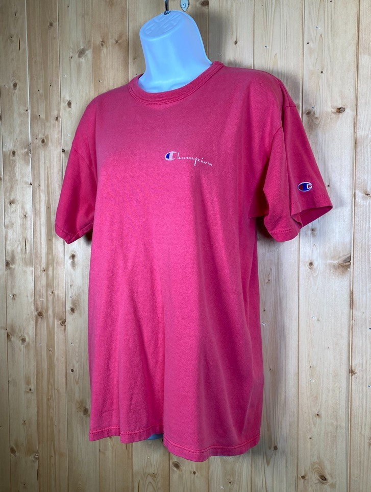 VTG 90s Pink Champion Single Stitch Shirt Short Sleeve Script C Logo USA Size L