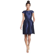 Alfred Sung Midnight Navy Fit & Flare Dress Size 8 Satin Wedding Guest, Holiday