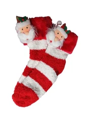 Way Too Cute Litl' Plush Santa on Fuzzy Lounge Socks w/Faux Fur Cuff  Sz. 7-11
