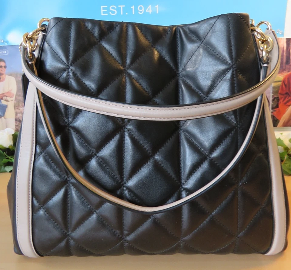 Elegante! BOLSO DE HOMBRO COACH ACOLCHADO NEGRO con ribete beige-triple comparación Foto 2 de 4