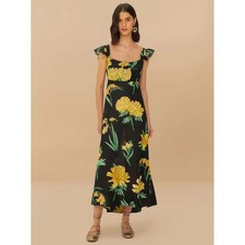 Farm Rio Alice Flowers Black Maxi Dress Yellow Floral Beaded Ruffle Boho NWT S