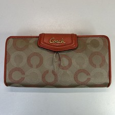 AUTH COACH WOMEN'S BEIGE GEOMETRIC SATEEN/RED LEATHER ZIP-AROUND WALLET-CHARMING