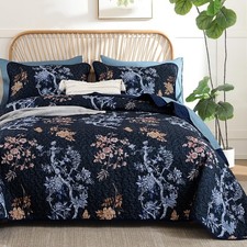 Floral Quilt Set King,Navy Blue Botanical Leaf  Butterfly Pattern Bedspread ...