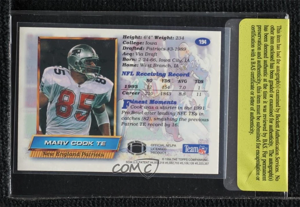 BAS 1994 Topps Finest Marv Cook #194 Authentic Auto - Image 2 of 2
