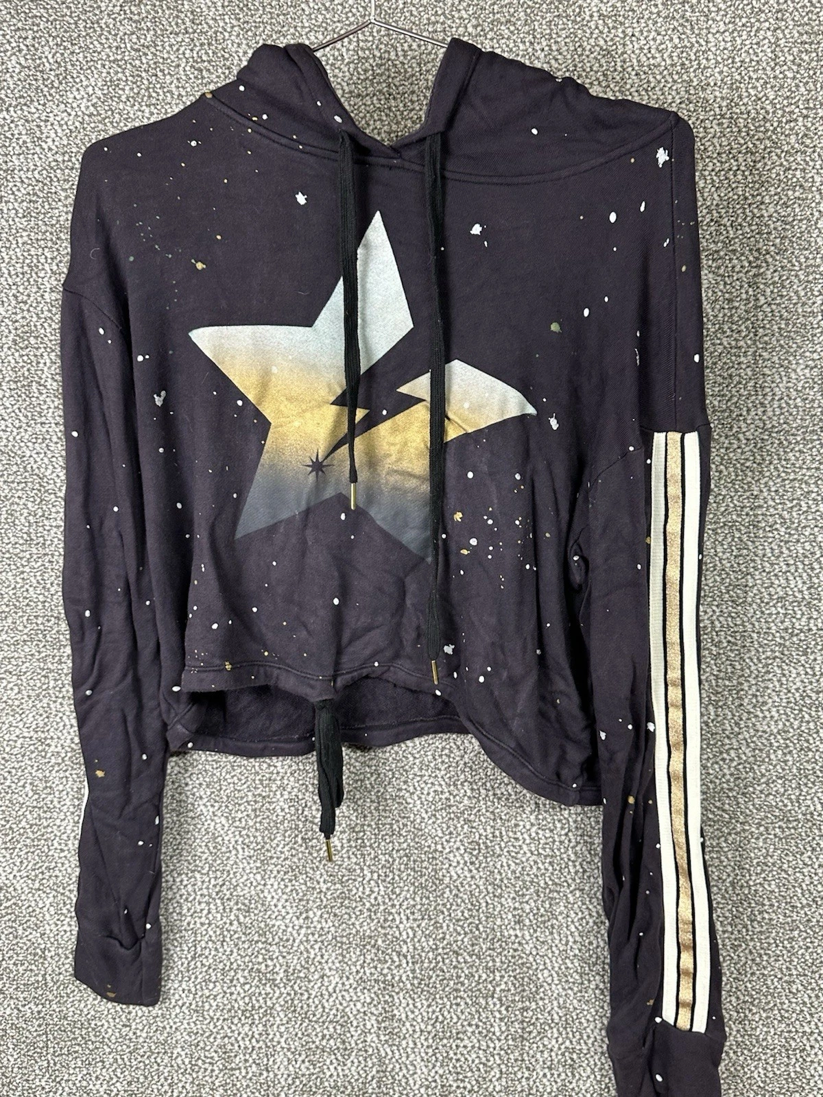 #Global Love Hold Star Cropped Hooded Sweatshirt Black Womans Hoodie Top Large ￼