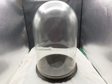 ANTIQUE GLASS DOME 12" X 17-1/2" W/ 3 FOOTED ROUND WOOD BASE 1-3/8" x 13"
