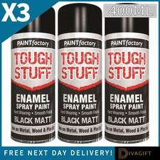 3 x BLACK MATT ENAMEL SPRAY PAINT 400ML FOR WOOD METAL PLASTIC TOUGH STUFF NEW