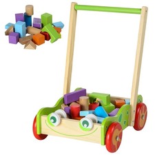 Wooden Baby Walker Push Along Cart with 20 Bricks Toddler Activity Learning Toy