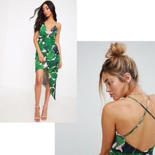 PRETTYLITTLETHING NWT Pink Tropical Print Wrap Over Midi Dress 16