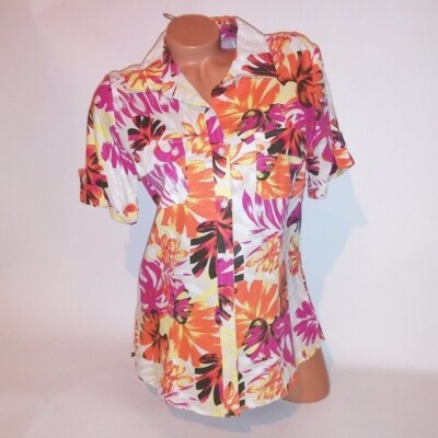 White Stag Button Up Shirt Womens Medium 8 10 Pink Orange Tropical Floral New