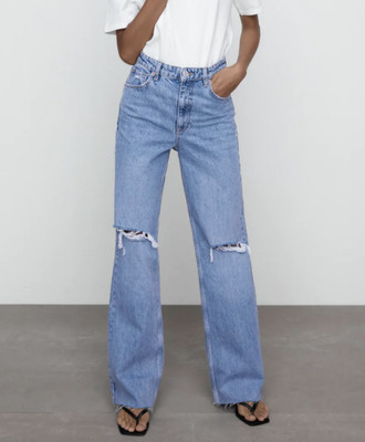 ZARA NEW WOMAN WIDE-LEG FULL-LENGTH RIPPED JEANS LIHGHT BLUE 6045/025 0 4 6  10 | eBay