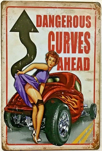 TIN SIGN 8x12 Dangerous curves sexy girl hot rod mechanic garage man cave A66