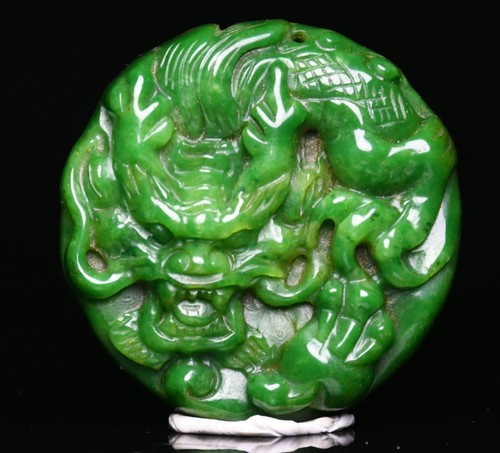 5.5CM Chinese Natural Emerald Jadeite Green Jade Dragon Loong Beast Yubi Pendant