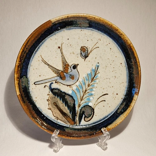 Ken Edwards Wall Hanging Plate Blue Bird Butterfly Marked "KE Mexico" Tonala 8"