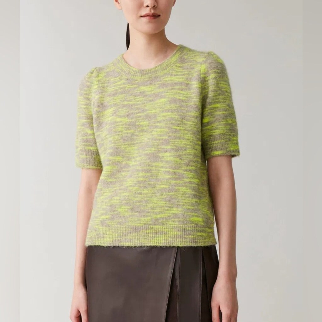 COS Fuzzy Puff Sleeve Alpaca Merino Top Sweater Size Small Short Sleeve Green