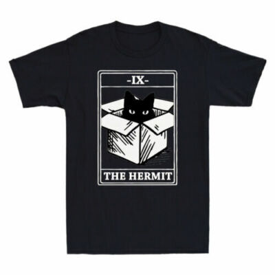Black Cat IX The Hermit Funny Cat In Box Vintage Men's T-Shirt Cotton Black Tee