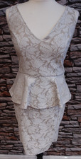 Warehouse Stunning Lace Bodycon Peplum Dress Beige Nude Cream UK 10