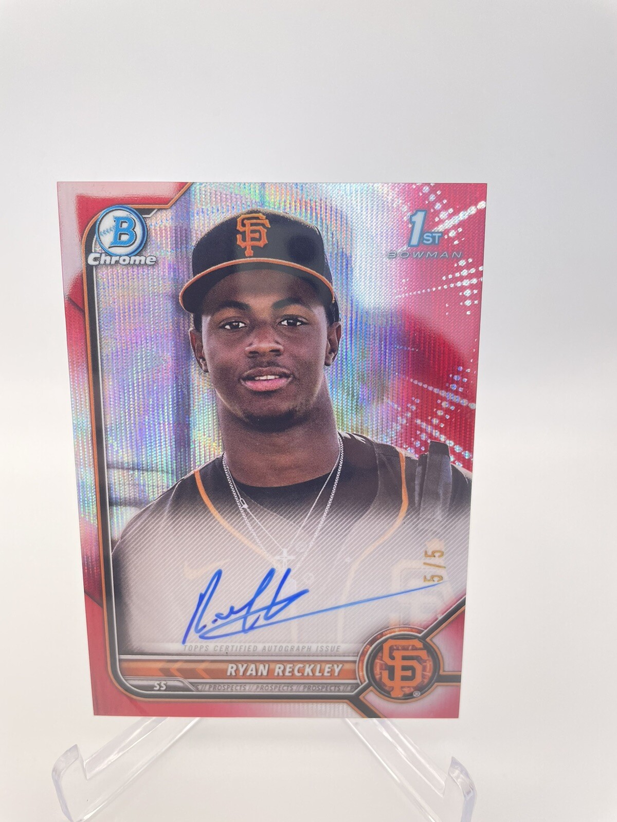 2022 1st Bowman Chrome Ryan Reckley Prospect Auto Red Wave /5 Giants