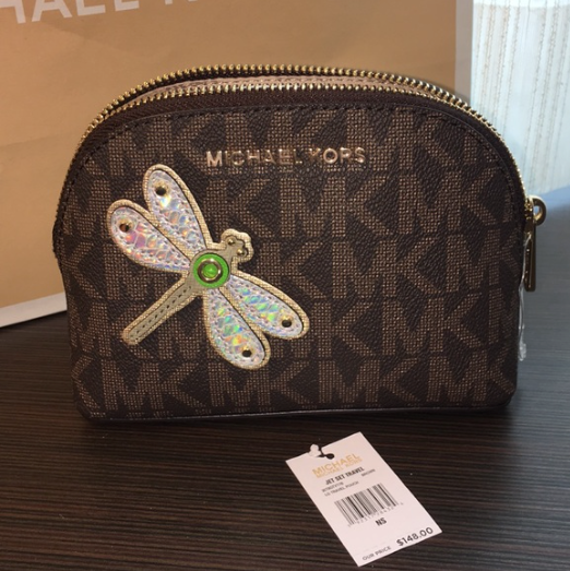 Michael Kors Cosmetic Bag DRAGONFLY Jet Set Makeup Leather Brown