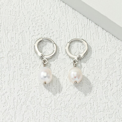 Silver Cultured Freshwater Pearl Drop On Huggie Earrings In White