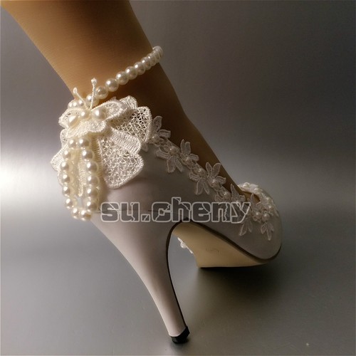 Zapatos de boda su.cheny 3"" 4"" tacón satén blanco marfil encaje tobilla puntera abierta talla - Imagen 17 de 29