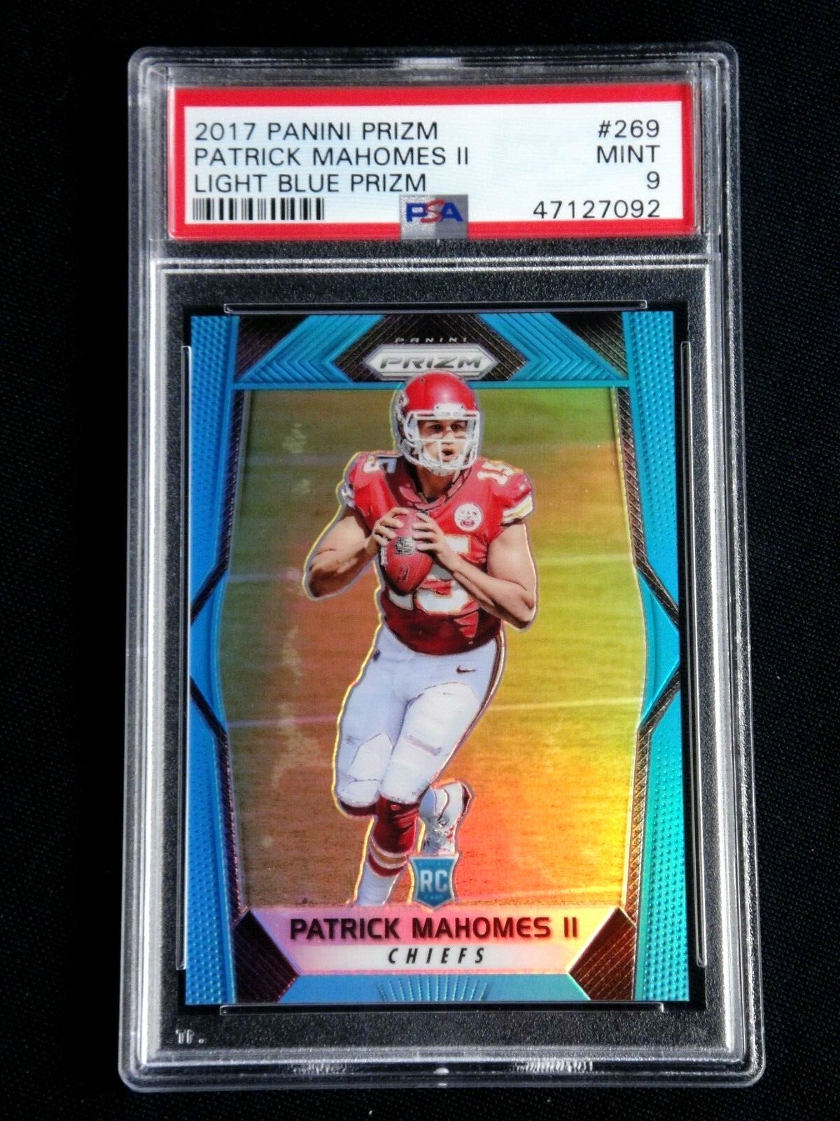 PATRICK MAHOMES PSA 9 MINT 2017 PANINI LIGHT BLUE PRIZM #269 ROOKIE #136/199
