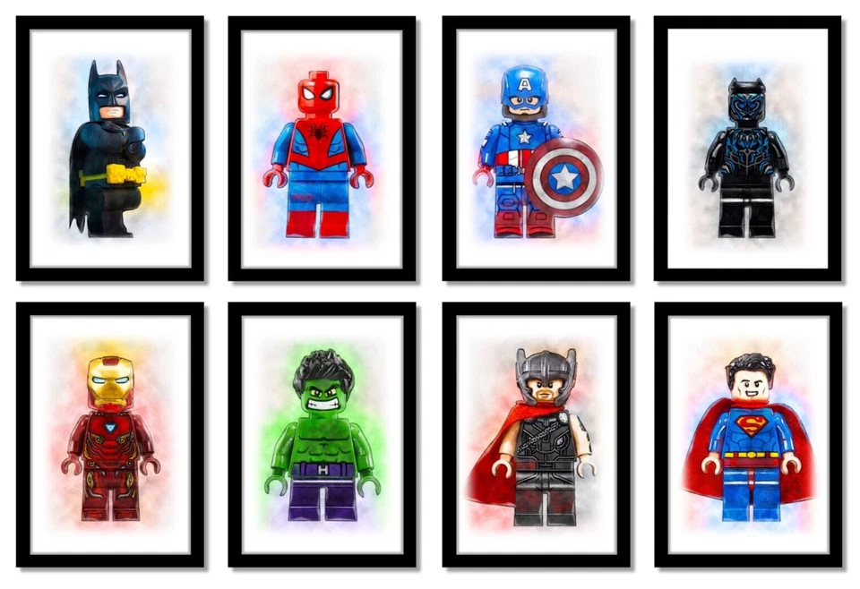 Superhero Characters Set of 8 Posters Children's Bedroom Prints A4 UNFRAMED