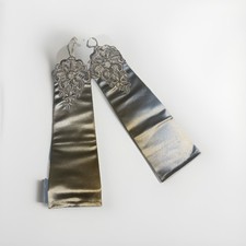 Formal Gloves Long Fingerless Beaded Silver Satin Bridal 1920 Costume Accessory
