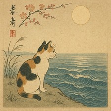 Katze Am Ufer Japanisches Gemälde Bild Malerei Zeichnung Druck Deko Kunstdruck