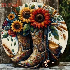 2D Flat, 1pc Western Cowboy Boots & Sunflower Metal Wall Art - Vintage Farmhouse