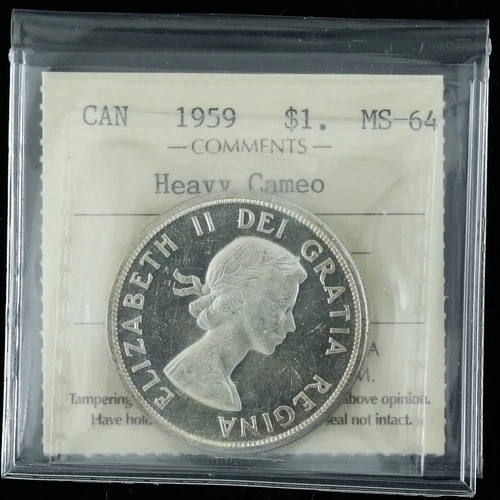 1959 $1 ICCS MS64 *Heavy Cameo* Canada Silver Dollar Uncirculated Elizabeth