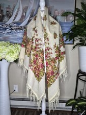 Vintage Russian Import 100 Wool Floral Shawl