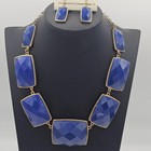 Julia Blue Faceted Stone Statement Necklace Earrings Set Gold Tone Women Jewelry