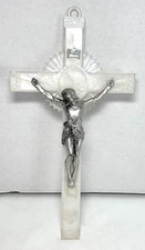 Vtg Plastic White Silver  Crucifix Cross Wall 12 inches